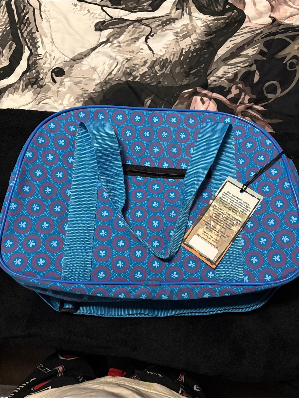 Blue Patterned Travel Tote Bag with Dual Handles